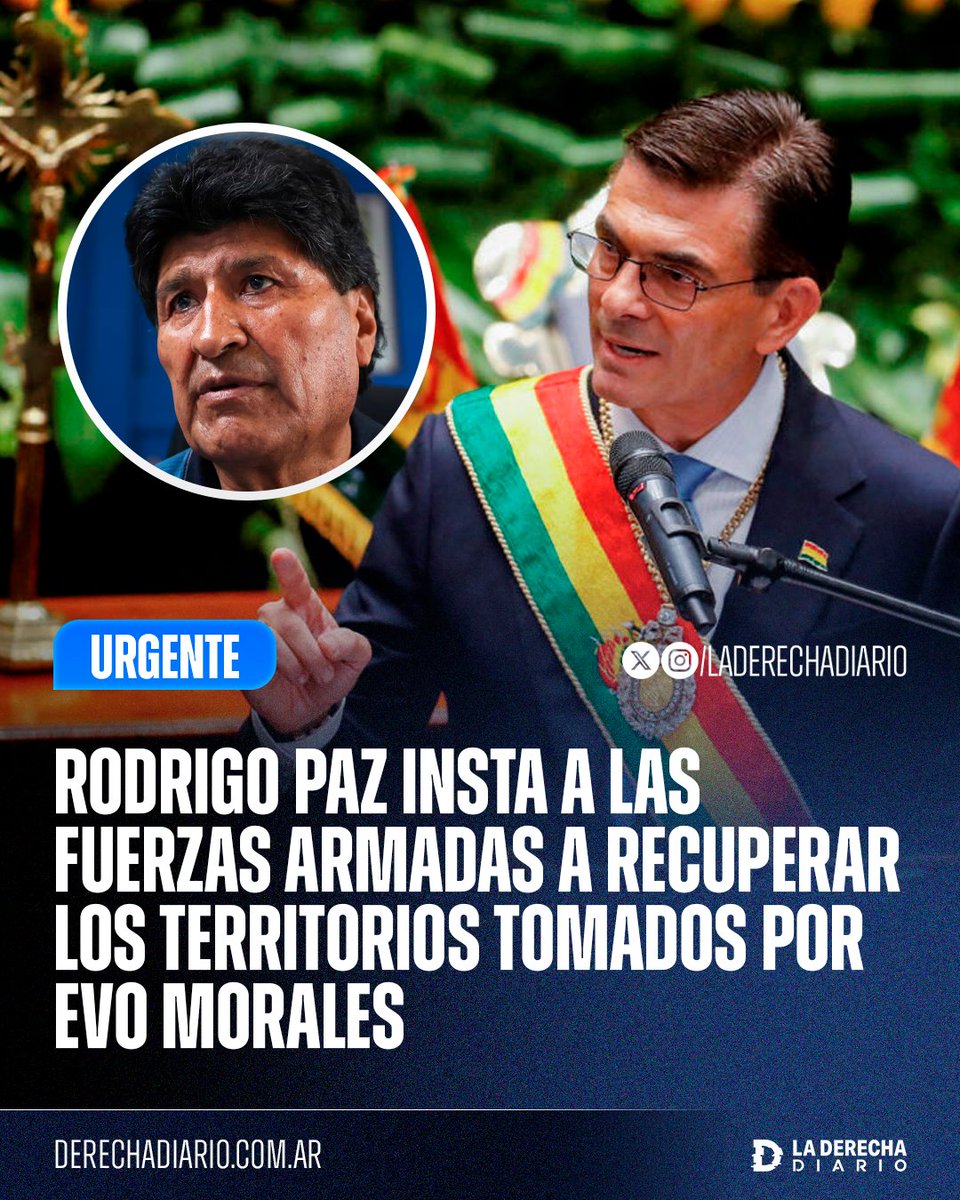 laderechadiario's tweet photo. 🚨🇧🇴 | SE VIENE: El derechista Rodrigo Paz instó a las Fuerzas Armadas a recuperar los territorios tomados por el narcotraficante Evo Morales, los cocaleros y los movimientos indígenas: "Hay territorios dentro de la patria donde no tenemos soberanía, tenemos que recuperarla". https://t.co/6ox90DU8s9