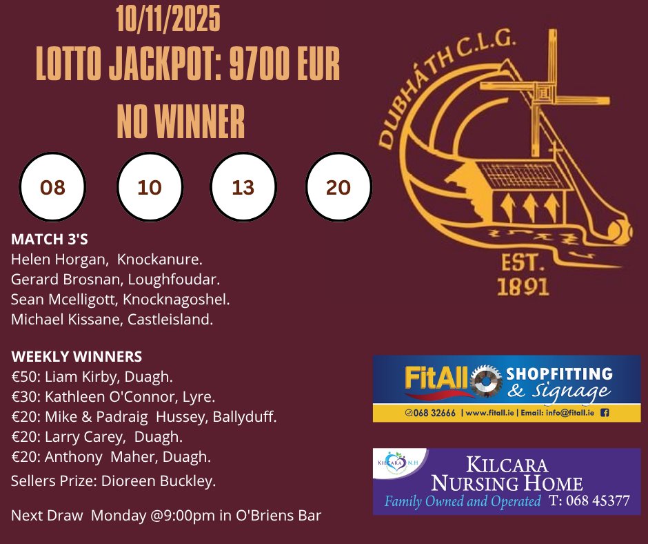 Lotto Results 10/11/25
John winner

Thank you to our sponsors 
FitAll Shopfitters and Signage 
Kilcara Nursing Home
