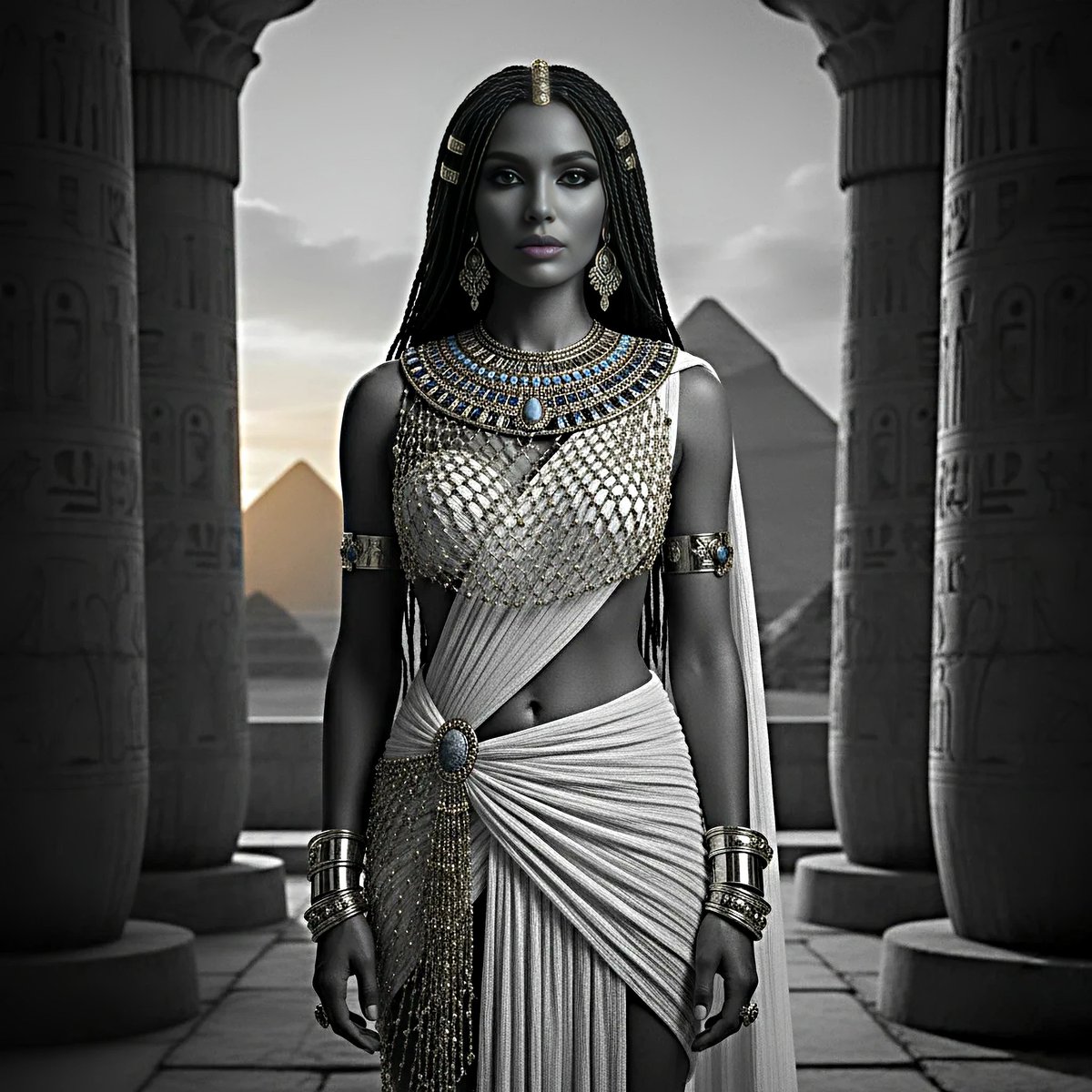 Skylme's tweet image. Wow, this Egyptian queen emerges from the shadows like an epic film scene! Mystery, power, and absolute elegance 🎥🔥 Who is she to you? #AncientEgypt #CinematicArt #QueenVibes