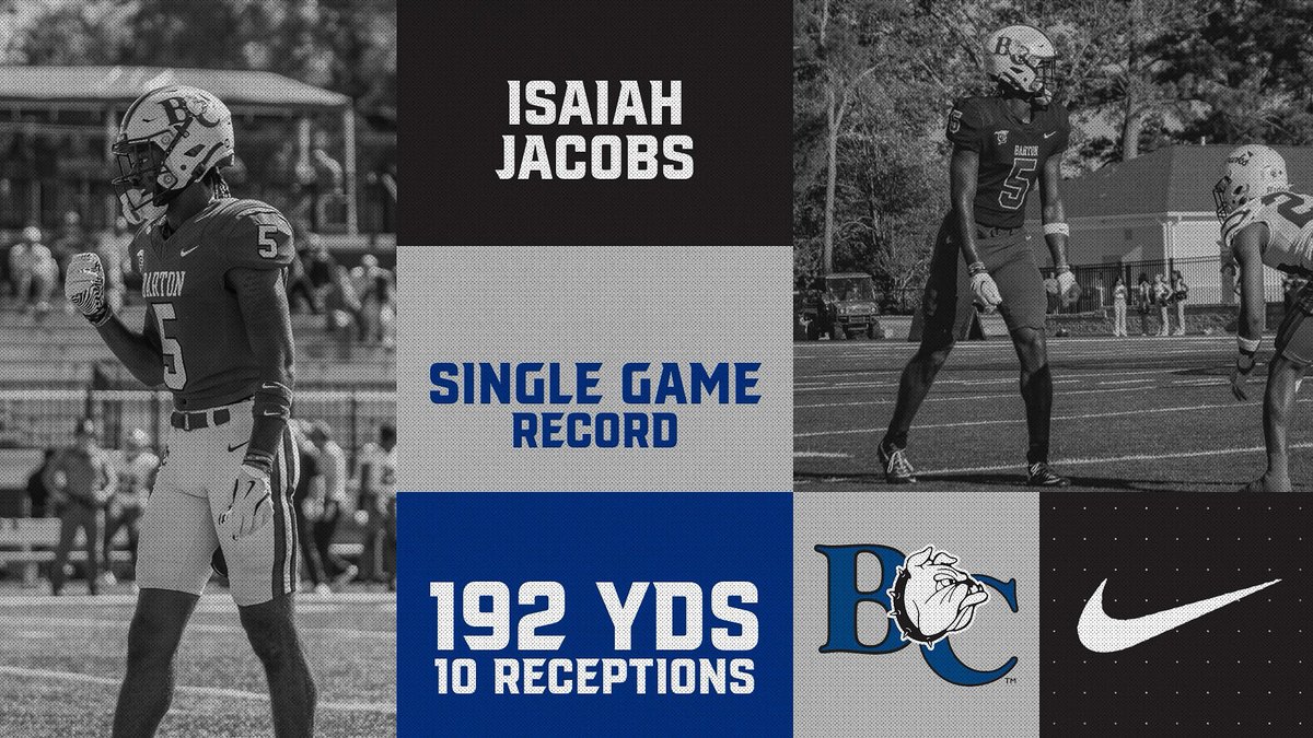 barton_fb's tweet image. Sr. WR | Isaiah “Bouge” Jacobs sets a New Single Game Receiving Record vs Erskine College!

Surpasses Kameron Johnson’s 187 yd performance vs Wingate in 2023.