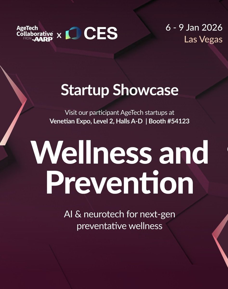 AgeTechCollab's tweet image. 💡At @CES 2026, our startups are showcasing real innovations—self-disinfecting air, brain-reading sleep tech, and adaptive shoes that boost confidence.

Experience the future of prevention at Booth #54123, Venetian Expo. 🚀
📍 Jan 6–9 | Las Vegas
🔗 ces.agetechcollaborative.org/startups