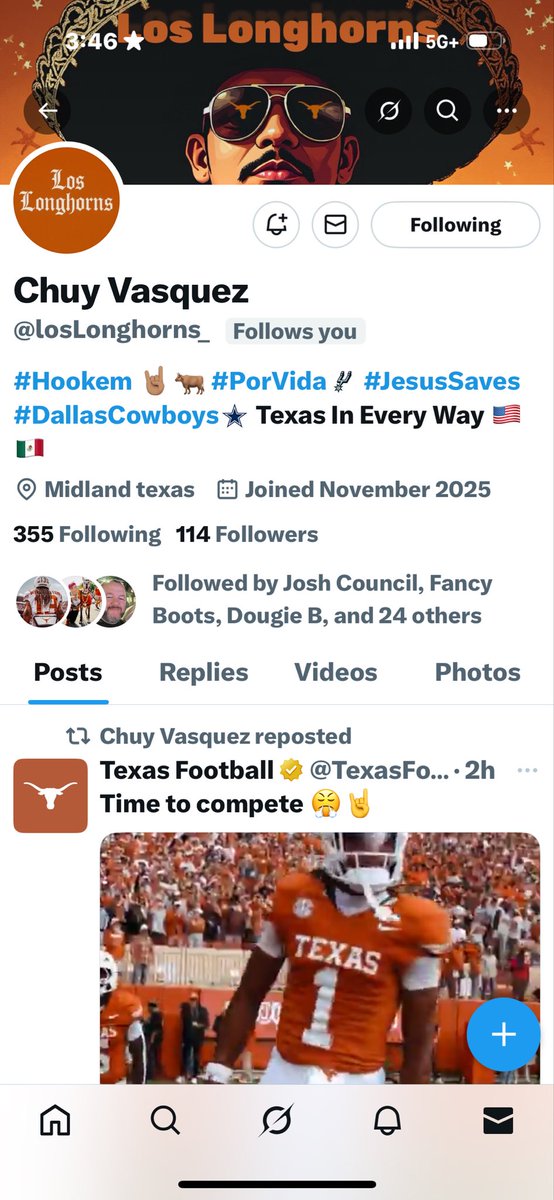 Y’all go follow our man Chuy Vasquez <a href="/losLonghorns_/">Chuy Vasquez</a> 
He is starting his account all over 😭