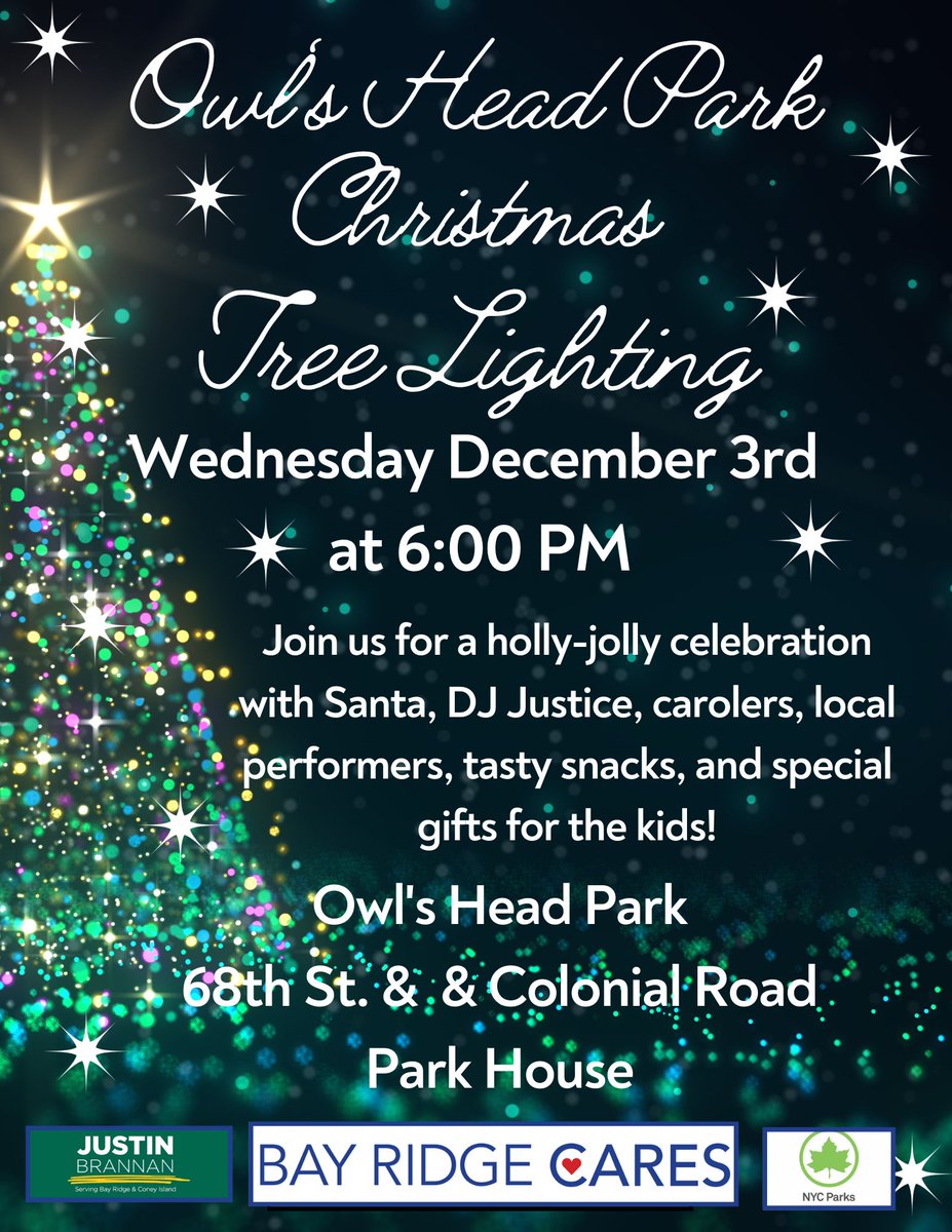 SAVE THE DATE! Bay Ridge Christmas Tree Lighting! 
Enjoy an evening filled with:
🎶 Carolers &amp; local performers
🎁 Gifts for the kids
🎧 DJ Justice keeping the holiday beats
🍪 Festive treats and warm community spirit
Let’s light up the night — and our hearts — together!