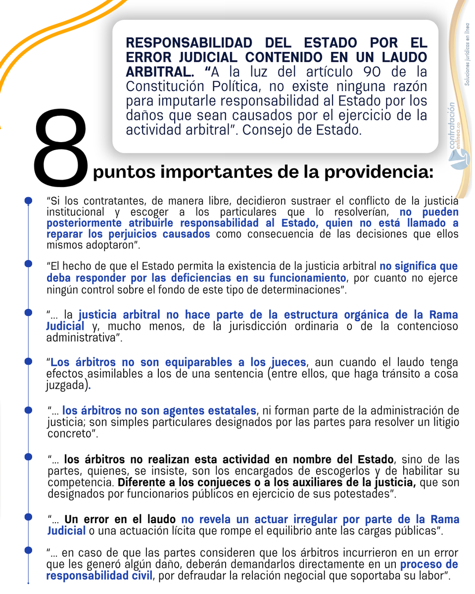 contrataenlinea's tweet photo. 📄RESPONSABILIDAD DEL ESTADO POR EL ERROR JUDICIAL CONTENIDO EN UN LAUDO ARBITRAL. Los árbitros NO son agentes estatales, NO son equiparables a los jueces, aun cuando el laudo tenga efectos asimilables a los de una sentencia https://t.co/gNObaItCdu https://t.co/XkBeCY6o7B