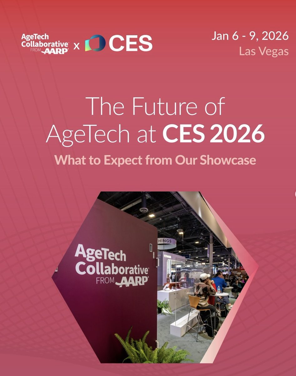 AgeTechCollab's tweet image. What’s NEXT for AgeTech at CES 2026? 🚀
Bold ideas, visionary voices, and immersive demos redefining how the world ages; smarter, easier, more connected.👉 Learn more: ces.agetechcollaborative.org
#CES2026 #AgeTech #FutureOfAging #LongevityTech #TechForAll