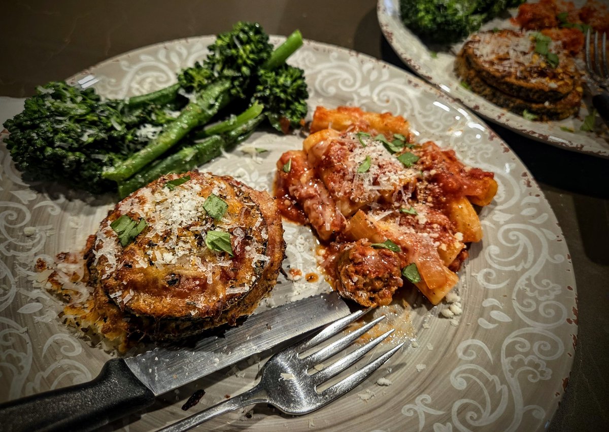 Monday Night at DJ's Italian Bistro  it's Eggplant Parmesan, Rigatoni and Broccolini  🇮🇹