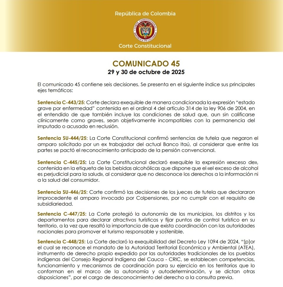🚨Comunicado 45 Corte Constitucional: Consulta previa, autonomía territorial, salud en prisión, pensión anticipada y etiquetado de alcohol: seis decisiones clave de la Corte Constitucional. ¿Qué cambió? #Comunicado45
drive.google.com/file/d/1iiz11N…