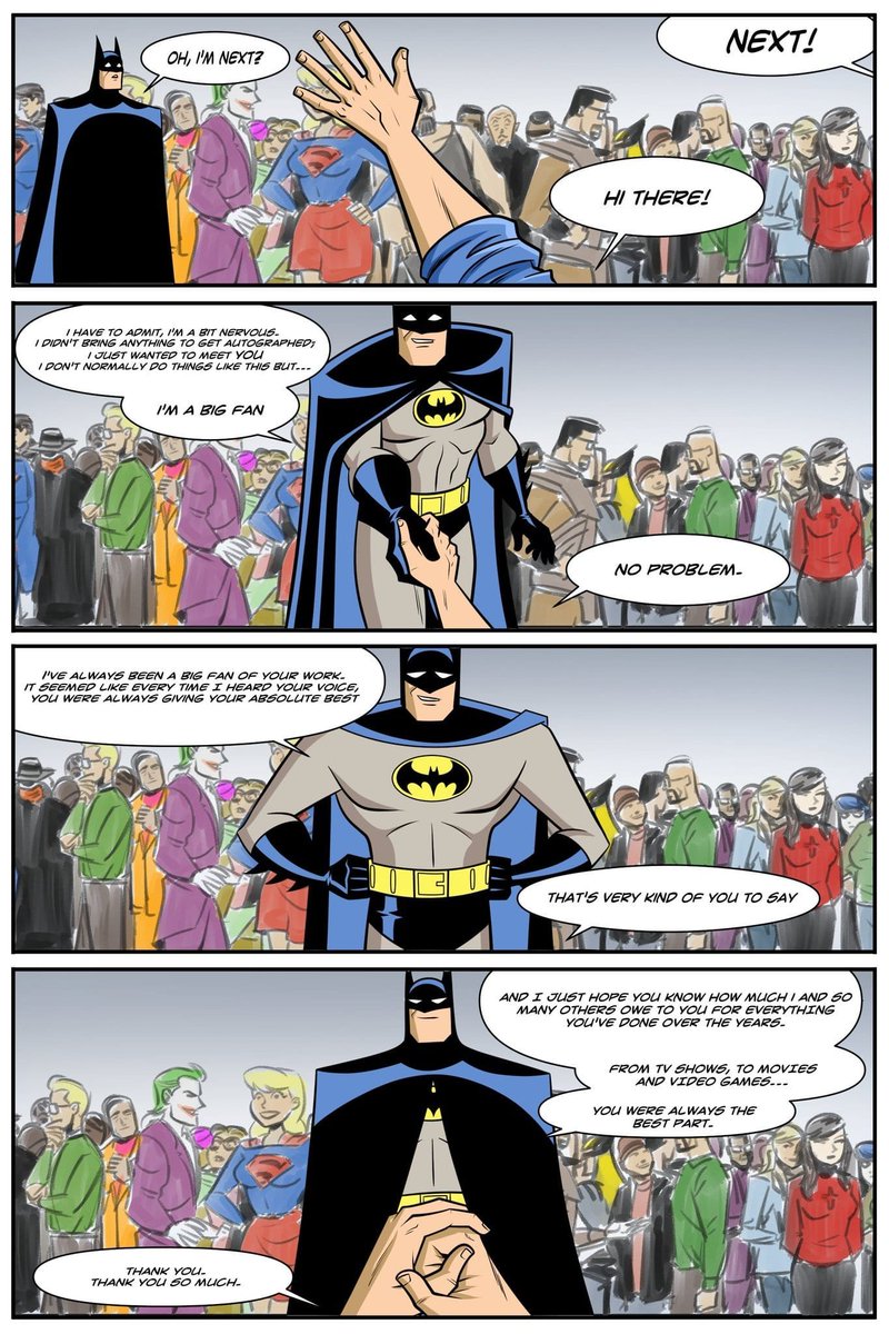 SchweitzerMan's tweet image. The legendary Kevin Conroy passed away three years ago today.
The next day when the news broke, @millicay95 and I decided to make a short comic in tribute to him.
A Big Fan
Written by Andrew Schweitzer
Art &amp;amp; letters by Marcelo Millicay
#Batman #KevinConroy #DCAU #Comic