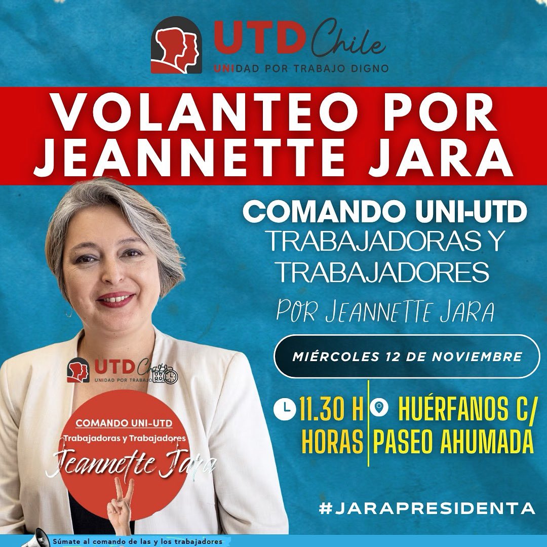📍Súmate al volanteo de las trabajadoras y trabajadores por <a href="/jeannette_jara/">Jeannette Jara Román</a> 
✅ no faltes‼️ llevamos semanas en las calles con fuerza, alegría y convicción por apoyar a la candidata✊‼️🫶
✅ Faltan pocos días y nos sobran razones para decir
Vota 2‼️
#jeannettejarapresidenta