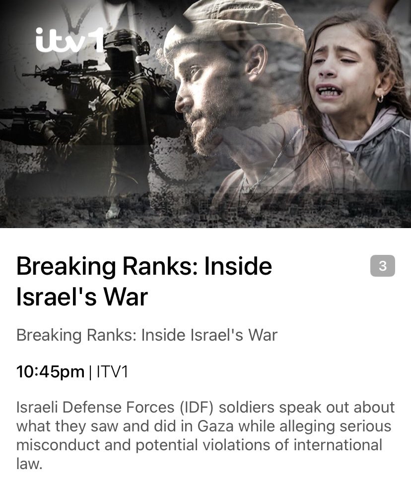 CourierBoyUK's tweet image. On Now #ITV1 !! #BreakingRanks 

War crime confessions from the #IDF

#IsraelTerroristState #Israel 
#NetanyahuWarCriminal
#GazaHolocaust