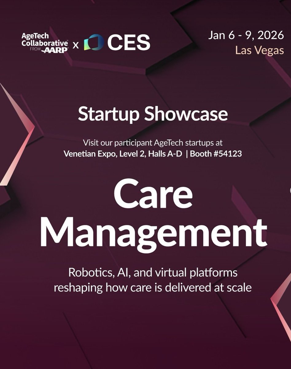 AgeTechCollab's tweet image. 🚨 The future of care is here. At #CES2026, meet the startups using AI, robotics, and virtual platforms to transform stroke recovery, dementia care, and clinical support.
📍 Booth #54123, Venetian Expo
🔗 ces.agetechcollaborative.org/startups
#AgeTech #HealthTech #CareInnovation