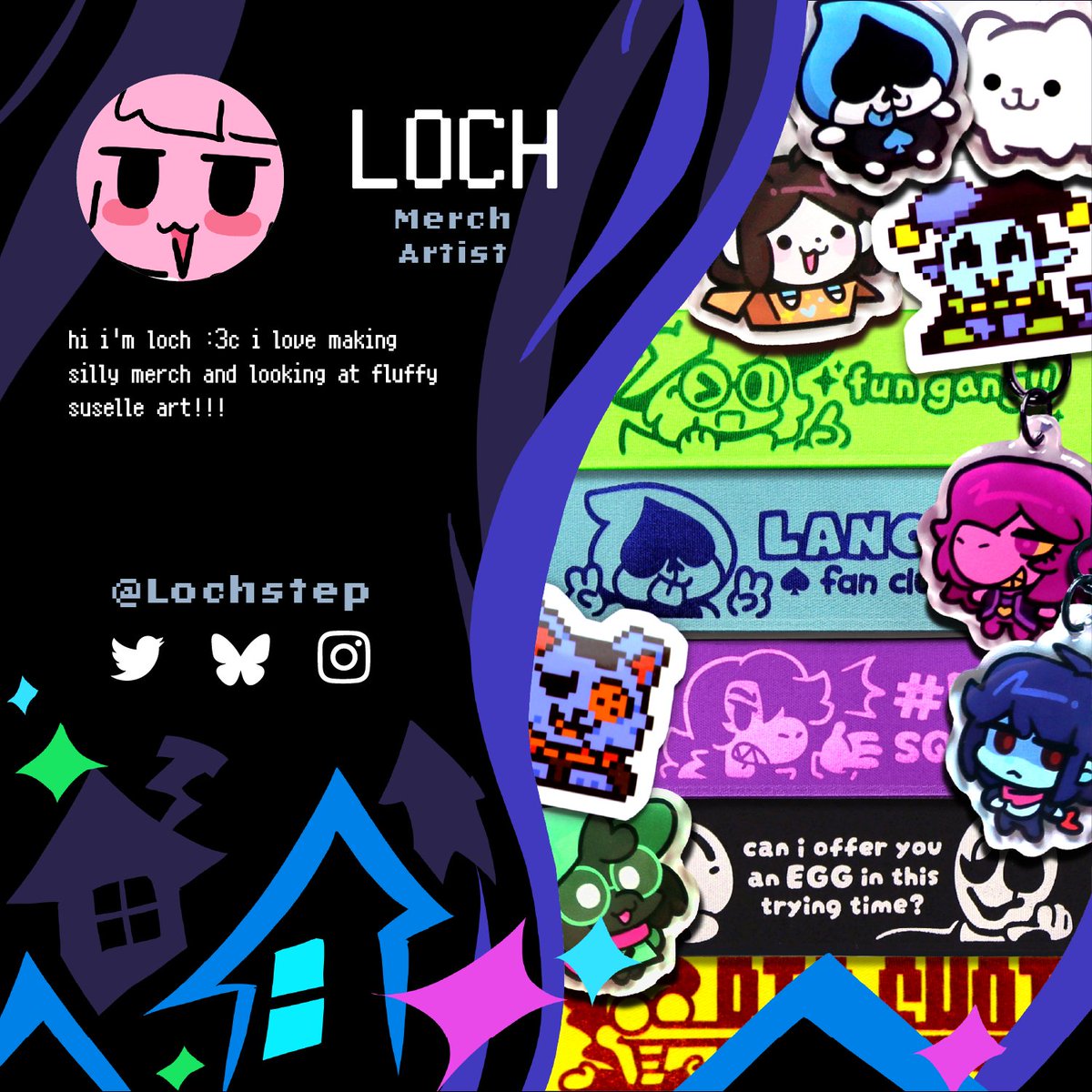 Today we have Lochstep! Her physical merchandise is incredibly sillyful, but the digital merch they're preparing should be just as fun to assemble...!! ✨👀
#DELTARUNE