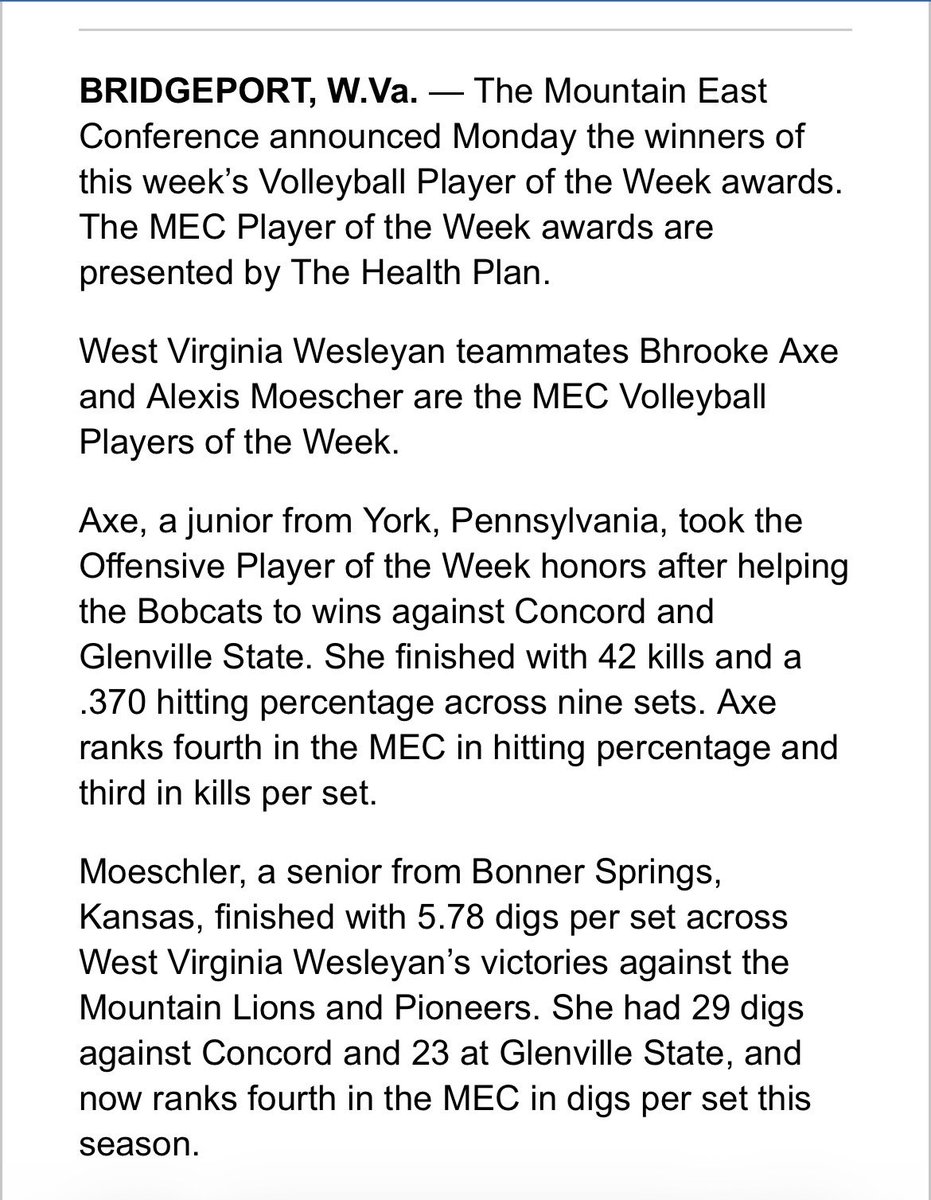 So proud of our Bobcats! 🧡🏐

Huge congratulations to Alexis Moescher, named the MEC Defensive Player of the Week, and her teammate Bhrooke Axe, the MEC Offensive Player of the Week!

What an amazing week for West Virginia Wesleyan Volleyball!