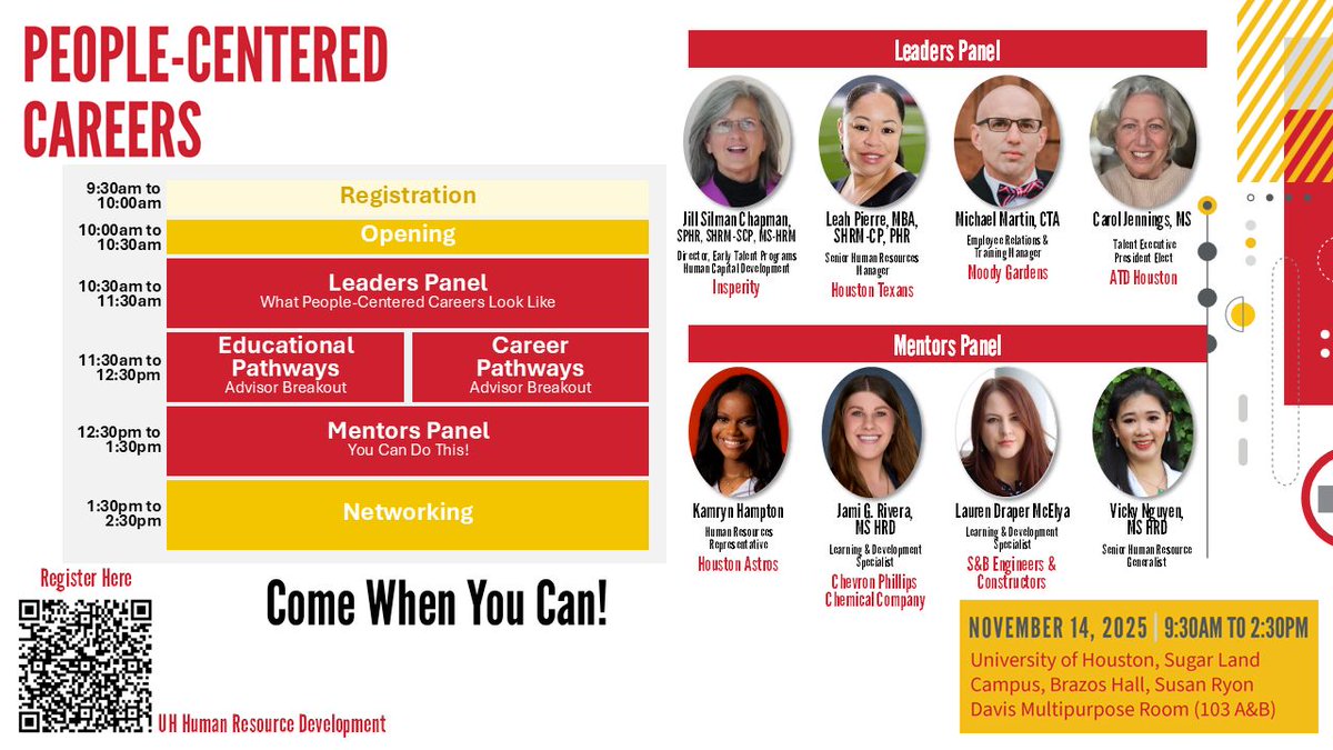 UHEngineeringSL's tweet image. Here is the lineup for THIS FRIDAY&apos;s People-Centered Careers event at the University of Houston Sugar Land campus.  
We will also have breakouts with academic and career advisors. 

Register Free Here! forms.office.com/Pages/Response…
See you there!