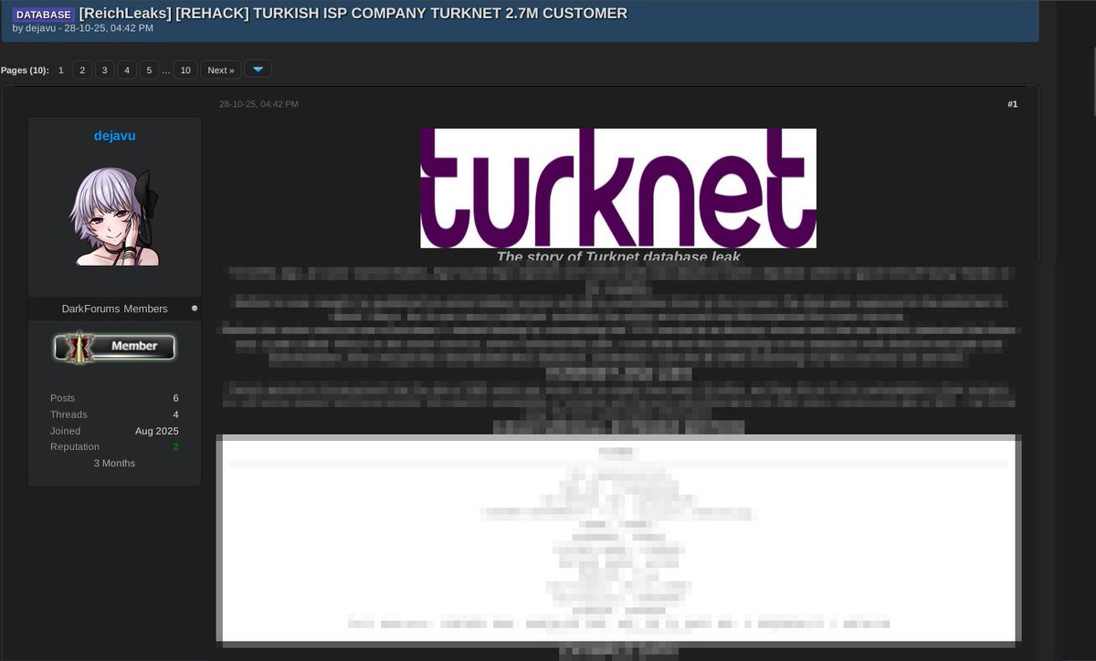 JadenJohnsNews's tweet image. DATABASE [ReichLeaks] [REHACK] TURKISH ISP COMPANY TURKNET 2.7M CUSTOMER #DarkForums