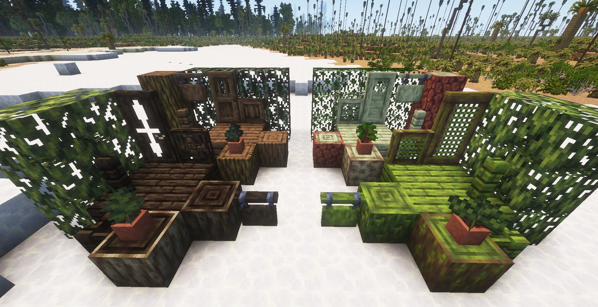 PrehistFaunaMod's tweet image. The new trees! These are from top to bottom, left to right: Elatides, which can be found in many different formations, Phoenicopsis from Shaximiao and Yixian, Cupressinocladus found in Morrison and Shaximiao, and Frenelopsis from Shaximiao!

#minecraft #minecraftmodding #paleoart