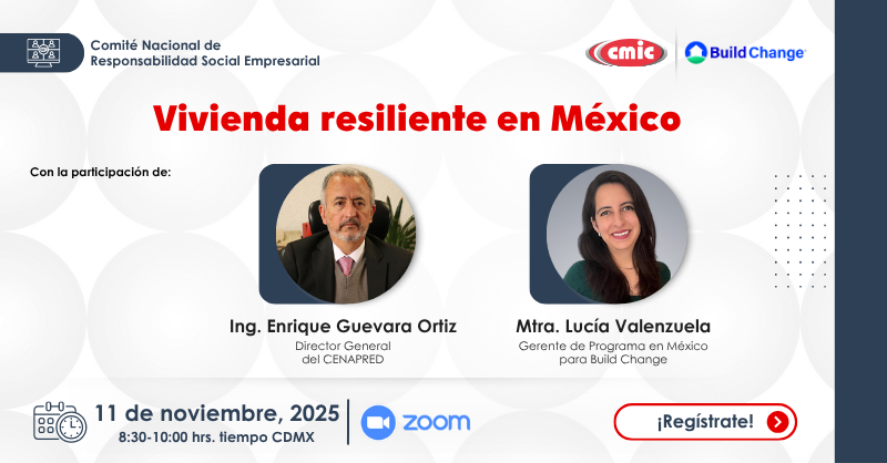 Únete a la Reunión Mensual del Comité de Responsabilidad Social Empresarial de #CMIC

 📌 En esta ocasión platicaremos sobre vivienda resiliente
 
📝 Regístrate: cmic.org.mx/cmic/eventos/r… 
 
#RSE #GenerarValor #Construcción