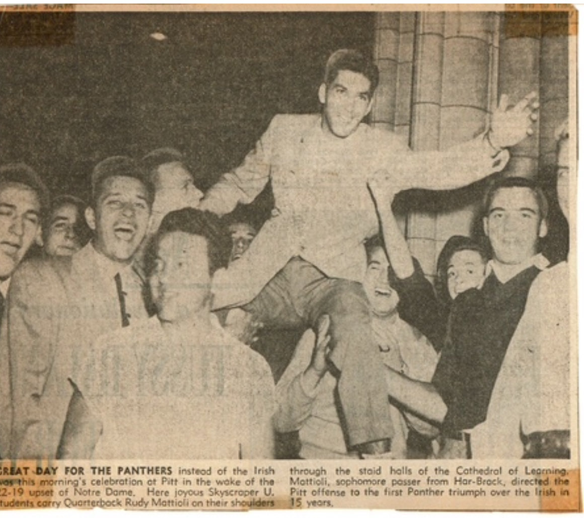 Approximately 72 years ago, my father-in-law  (Rudy Mattioli) was the starting QB at Pitt…here celebrating a big win against Notre Dame! ⁦<a href="/Pitt_FB/">Pitt Football</a>⁩ #H2P!