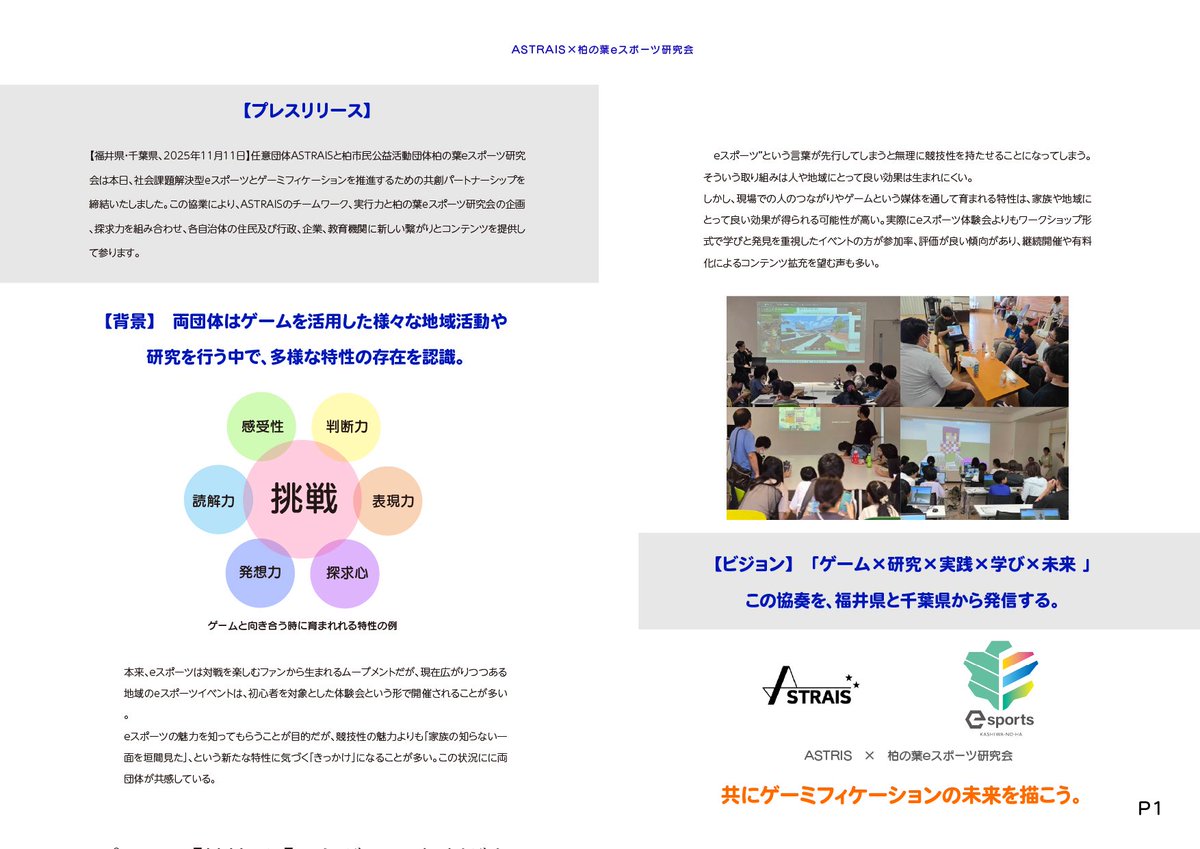 Astrais_'s tweet photo. 🌌【パートナーシップ締結のお知らせ】
ASTRAISは、柏の葉eスポーツ研究会と共創パートナーシップを締結しました!
ゲーム×地域×教育×福祉をテーマに、
千葉と福井の両拠点で“社会課題探究型eスポーツ”を実践していきます。
詳細はこちら👇
🔗 https://t.co/tRmlT8rGXX
#Gamunity #共創 #eスポーツ https://t.co/rfLJvcWXHH