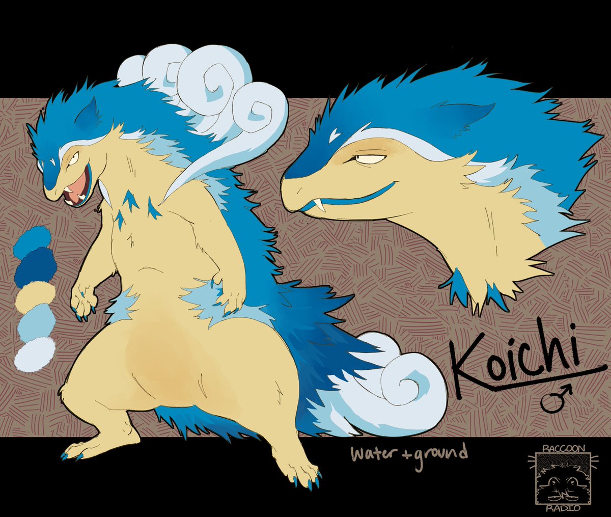 racc00nradio's tweet photo. Wanted to update my pokesona Koichi. He’s a typhlosion but emphasis on the “typhoon” part. I thought a water type typhlosion would be cool 🌊 https://t.co/kEBmApFHt6