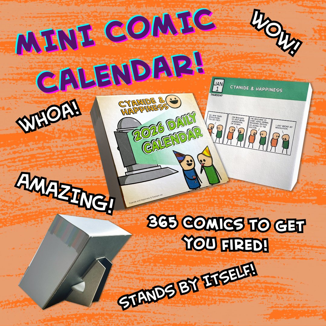Explosm's tweet image. Love our comics? Great! 🥰Buy our new 2026 Mini Comic Calendar to see which one is on your birthday!
Hate our comics? Too bad! 😠Buy our new 2026 Mini Comic Calendar and suffer. bit.ly/46LjO1E