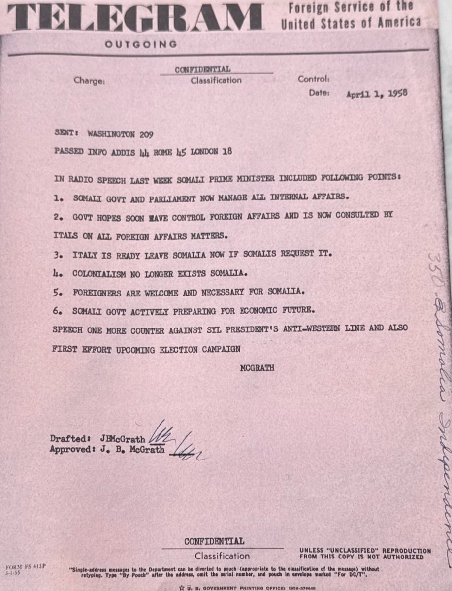 archivesSomalia's tweet photo. April 1, 1958 — Prime Minister Abdullahi Issa renews pressure on the UN for an early end to the Italian Trusteeship, arguing Somalia is ready to assume full control before the 1960 deadline. https://t.co/Oz0tbBk7lN