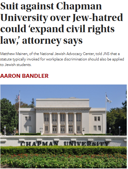 JewsFightBack's tweet photo. 🚨 BREAKING: CHAPMAN UNIVERSITY DEAN BLOCKED JEWISH STUDENTS FOR HAVING “JEWISH-SOUNDING NAMES” 🚨

The fact this is real is insane.

According to a federal lawsuit, Jewish students at Chapman tried to attend a “teach-in” hosted by Students for Justice in Palestine — peacefully, respectfully, to build bridges.

They were banned.
Not for what they said.
Not for what they did.
But because of their names.

Jewish-sounding names were used to identify who might support Israel.
And unless they explicitly denounced Israel, they were barred.

Here is where it gets even crazier:
THE DEAN OF STUDENTS STOOD AT THE DOOR AND PERSONALLY PHYSICALLY BLOCKED THEM.
Security was called. The Jews were removed.

Think about that. A senior university official enforced a Jew-free zone on campus which screened students by surname.

Now comes discovery.
Now come the depositions.
Now the documents get pulled, the emails get read, and the lies get put under oath.

Let the reckoning begin.