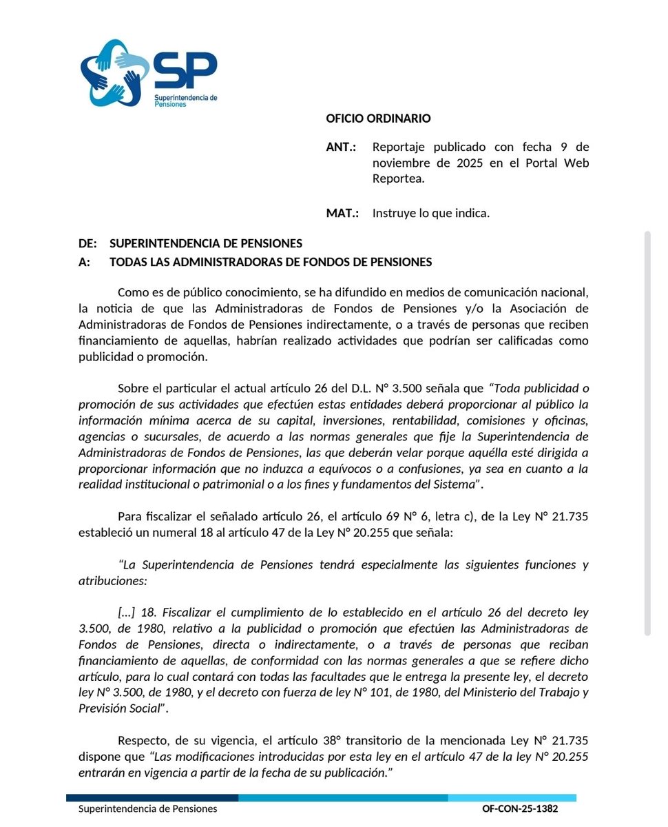 niko_sepulveda's tweet photo. Tras investigación de @_reportea y @vergara240 la Super de Pensiones oficia a las AFP y a la Asociación de AFP para que informen financiamiento de campañas "directas e indirectas", realizadas en cualquier tipo de formato 👇🏼 https://t.co/ZJft2aRTuZ