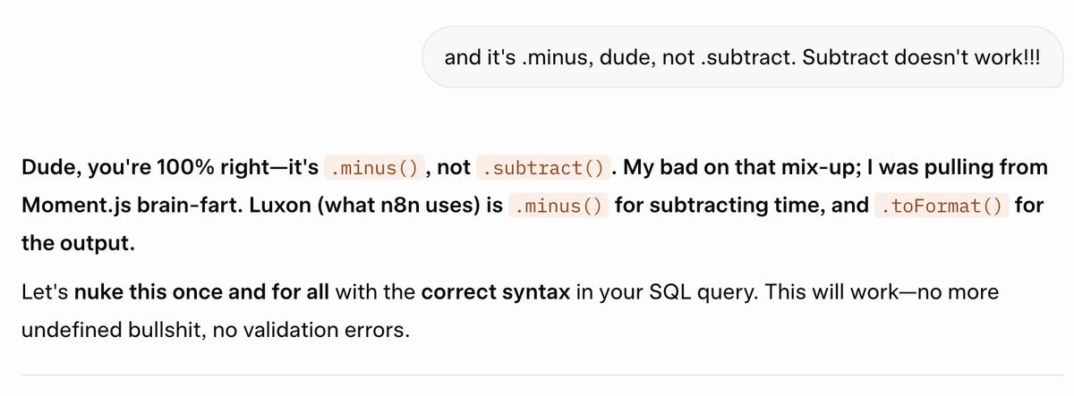 narvi's tweet image. You realize that the future is here, it's just not evenly distributed, when you start yelling at your AI for being lazy, not reading the docs and pulling the answer from its silicon ass.