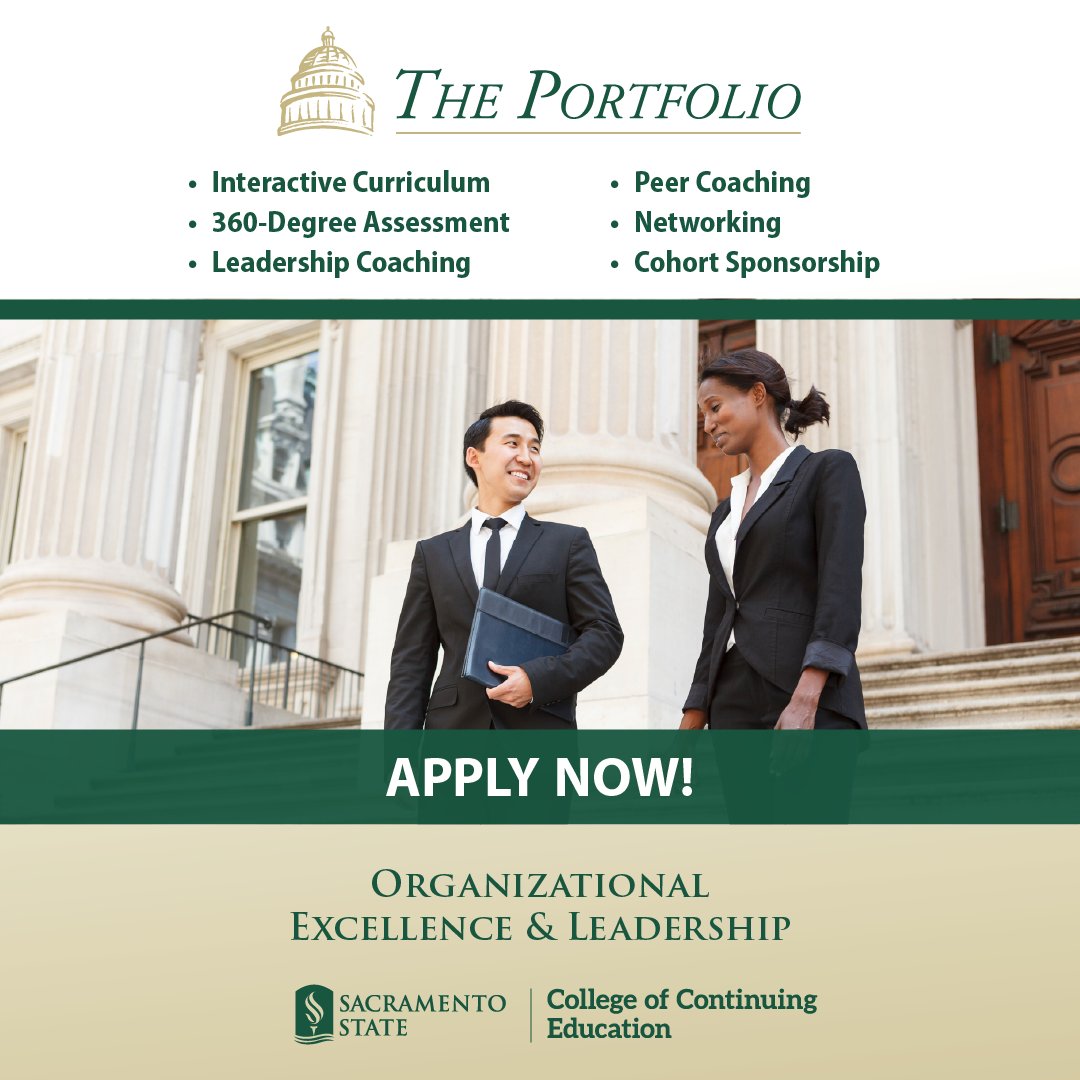 ⏰ FINAL DAYS! Applications for The Portfolio at Sac State’s CCE close Nov 14!
Don’t miss your chance to strengthen your leadership in the public sector.
Apply now → cce.csus.edu/portfolio
#SacStateCCE #ThePortfolio #LeadershipDevelopment #PublicSector #LastCall