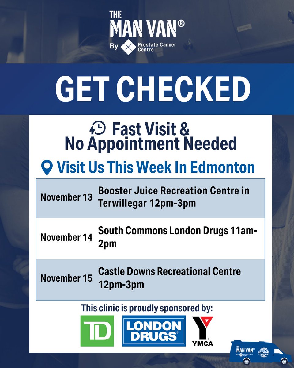 Men aged 40–70💙
 Thursday, November 13
 2051 Leger Rd NW, Edmonton, AB
 12pm–3pm

Friday, November 14
South Commons London Drugs
9704–19 Avenue NW, Edmonton, AB
11am–2pm

Saturday, November 15
Castle Downs Recreation Centre
11520–153 Avenue, Edmonton, AB
12pm–3pm