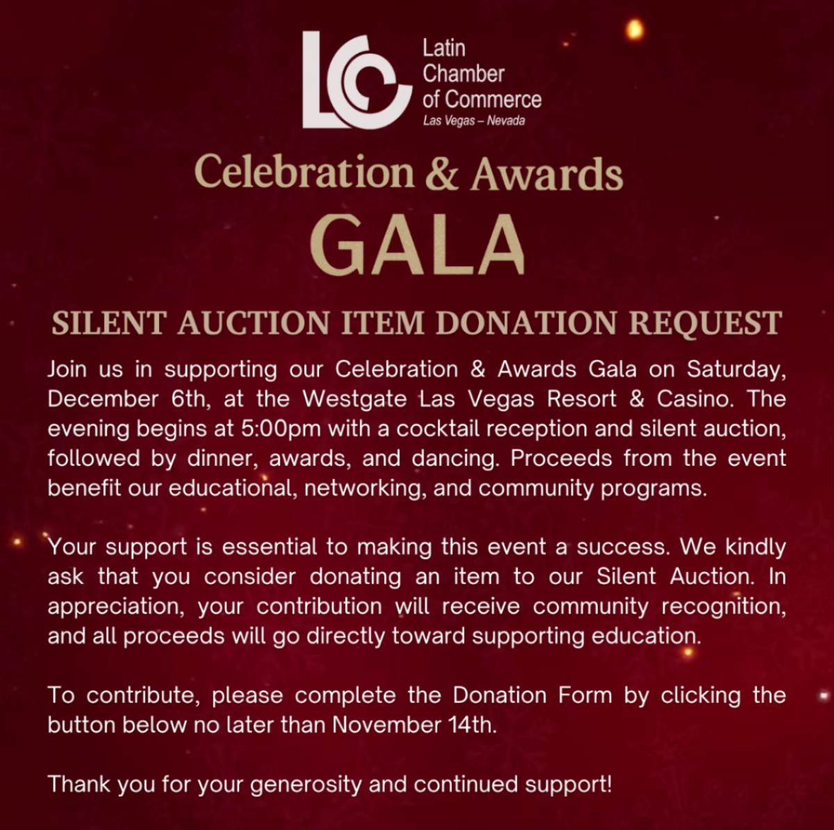 lvlcc's tweet photo. Support our Dec 6th Gala! Donate a silent auction item by Nov 14th to help fund community programs. Recognition included!
🔗 https://t.co/lWBZathG0k

#LVLCC #LatinChamberLV #SilentAuction #LasVegasEvents #CommunitySupport #LatinCommunity #Gala2025 https://t.co/JmlNkKB72Q
