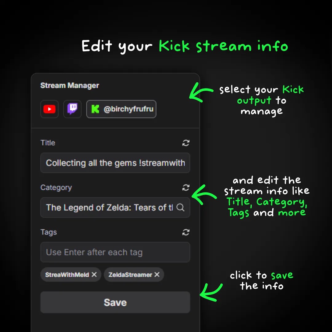 Streamers! 💚

Update <a href="/KickStreaming/">KICK</a> stream info in your streaming studio.