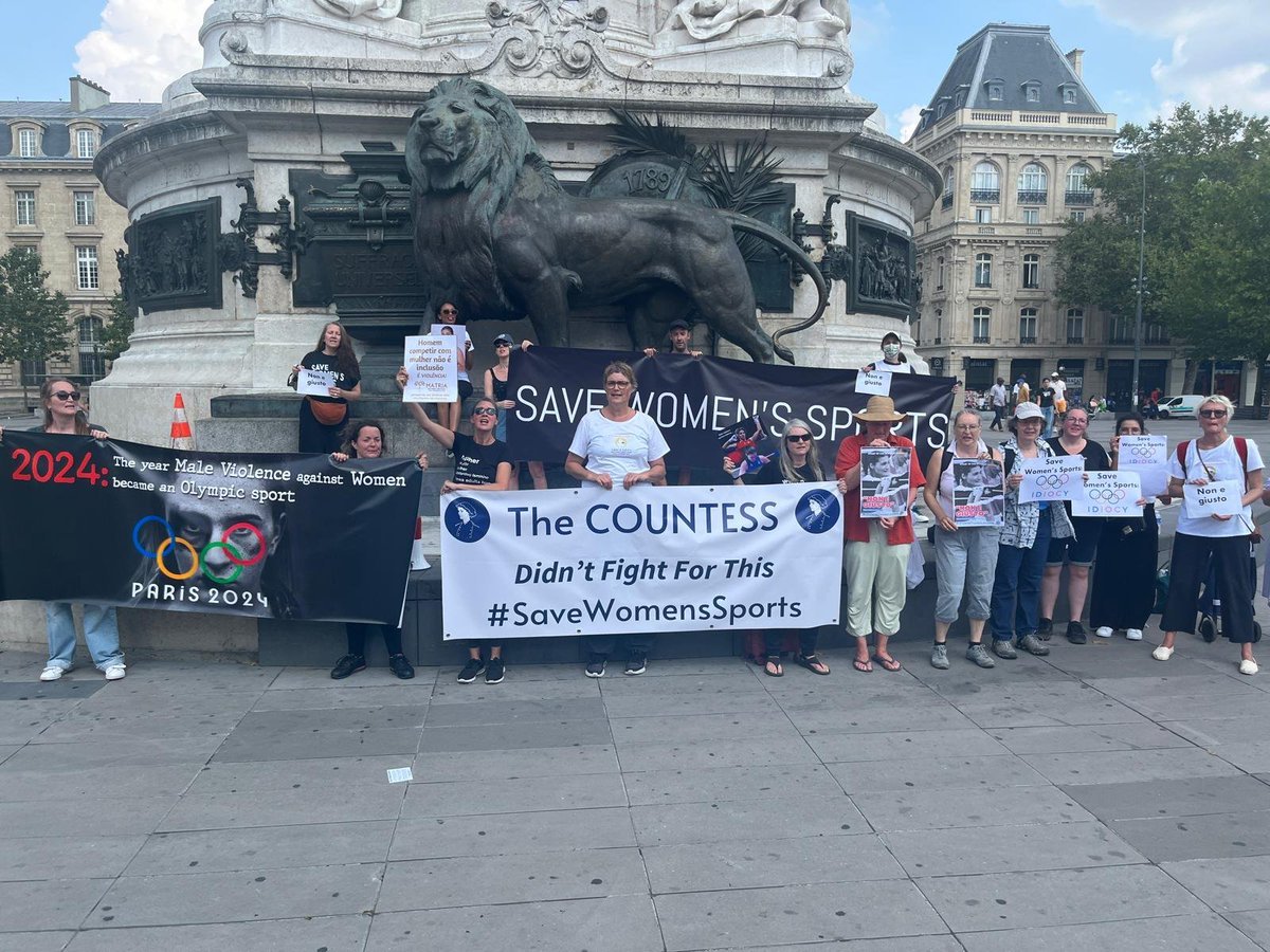 The Terfs were right. Míle Buíochas to all you wonderful women who have  been fighting for this for years. Picture from action in Paris protesting  Olympics 2024 inclusion of men in women's, image size:1200x900