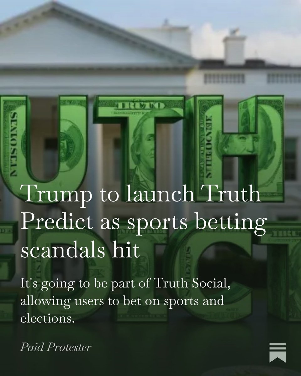 paidprotestr's tweet image. paidprotester.substack.com/p/trump-to-lau…

If you thought that Trump couldn&apos;t figure out a way to make more money off the presidency, you were wrong. This new addition to Truth Social is called Truth Predict.

#Trump #TruthPredict #TruthSocial #gambling #betting #sports #elections
