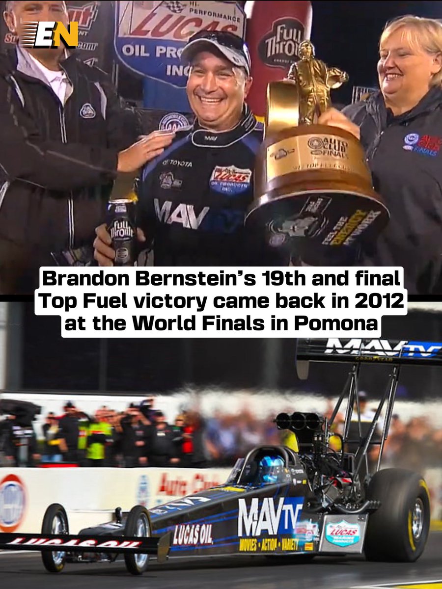 EverythingNITRO's tweet photo. Brandon Bernsteinβs last NHRA victory was sure an epic one!
Bernstein, handed his good friend Antron Brown the 2012 championship trophy after defeating a hard charging Tony Schumacher in the top fuel finals in Pomona.
#nhradragracing #topfueldragster #speedforall #motorsports https://t.co/UsXukJBDdu