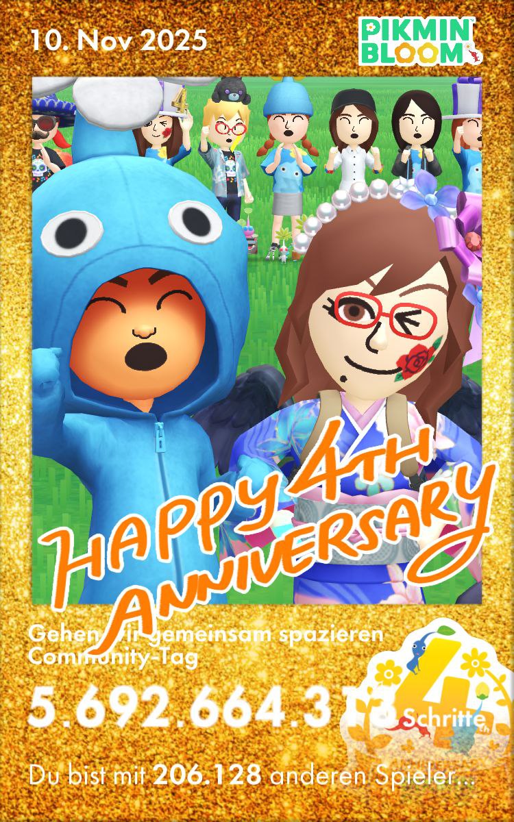 DarkFinnn's tweet photo. Happy 4th Anniversary, Pikmin Bloom! 
Walking together and hitting a global step goal with 206,128 players is the best kind of run challenge! 頑張ってね! (Ganbatte ne!) Let's keep planting those flowers🌸🏃‍♀️
#PikminBloom #4thAnniversary #RunChallenge #Nintendo #Niantic #頑張ってね https://t.co/HqaI4EWYzp