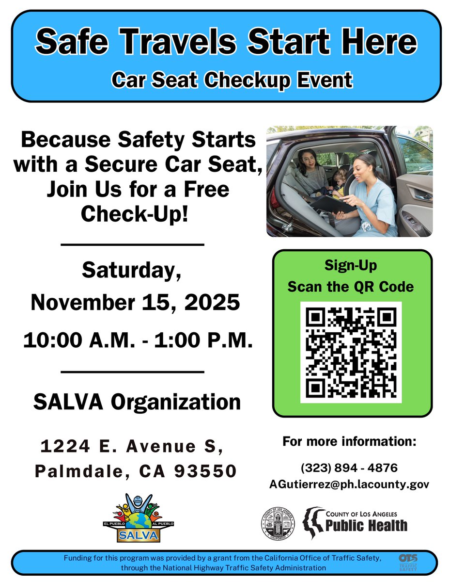 SALVAORG2's tweet photo. Evento Gratis de Revisión de Asientos de Seguridad para Niños
 15 de noviembre | 10 a. m. – 1 p. m.
 1224 E Ave S, Palmdale, CA 93550
¡Porque la seguridad comienza con un asiento de seguridad bien instalado! https://t.co/9YPdeHPtax
