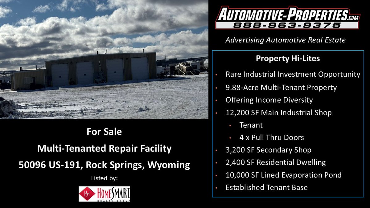 AutoProperties's tweet image. Multi-Tenanted Repair Facility For Sale 
 50096 US 191, Rock Springs, WY

Explore the listing ➝ Automotive-Properties.com

#CommercialRealEstate #CRE #IndustrialRealEstate #AutoRepairFacility #TruckRepair #InvestmentProperty #MultiTenant #RockSprings #WyomingRealEstate