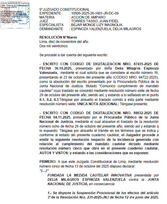 lucianolopez27's tweet photo. #ATENCIÓN #URGENTE
#CasoDeliaEspinoza
9no Juzgado Constitucional de Lima acaba de notificarme con la resolución que, al establecer que la @JNJPeru incumplió su mandato cautelar, dispone suspender la medida que la JNJ dictó en contra de la Dra. Delia Espinoza mediante Resolución 143-2025-JNJ, con la cual dicha entidad, el pasado 19 de septiembre, la suspendió en su cargo de Fiscal Suprema y Fiscal de la Nación.

Si bien el 9no Juzgado Constitucional dispone que la JNJ reponga a la Dra Espinoza en su condición de Fiscal de la Nación, tal mandato es inoficioso (pediremos aclaración), porque al suspender judicialmente la medida preventiva de la JNJ que la apartaba de su condición de Fiscal Suprema, inmediatamente, recobra dicho título y, por ende, su condición de Fiscal de la Nación.