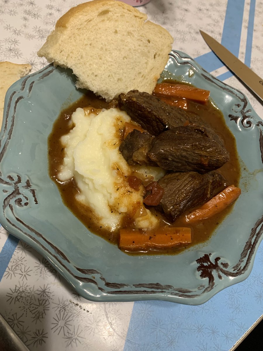 I surprised Lizzy with a new recipe: “steak night beef stew”. 
She loved it.
Made with big hunks of beef seared the same way I do steak.  
I was hoping this would encourage HJ to enjoy cheaper cuts of beef.
It didn’t.