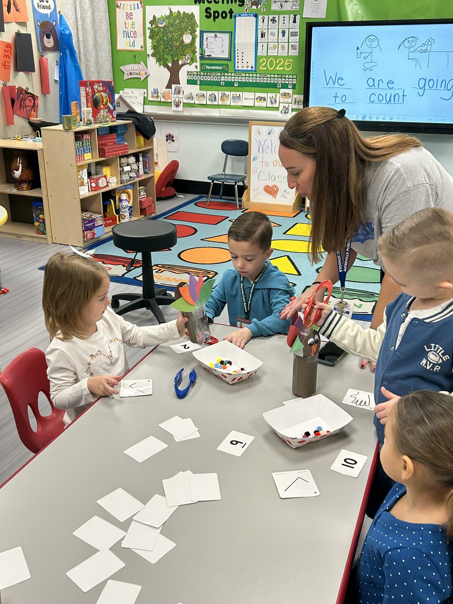 PB_Selover's tweet image. Ms. Susan’s class practiced counting and fine motor skills by using tweezers to “feed” a specific number of pom-poms to their water bottle turkeys!