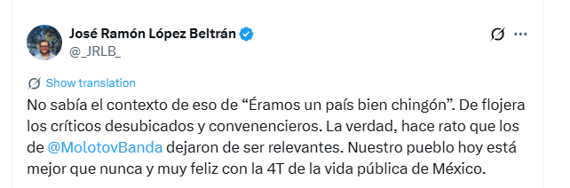 MLopezSanMartin's tweet image. Paco Ayala, bajista de Molotov, tunde a José Ramón López Beltrán: "de mega fan a chairo idiota"