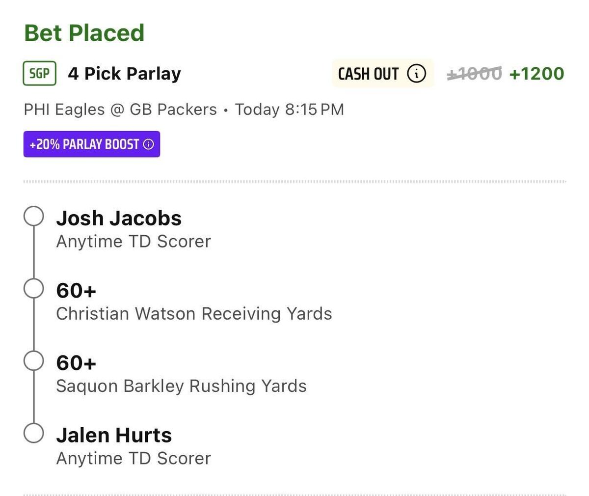 ParlayScience's tweet photo. MNF Parlay +1200 💥

Just some yards and touchdowns to bring us home tonight 🤝

🔗 @Playbook DK link below! https://t.co/Zhjy6V9y1a