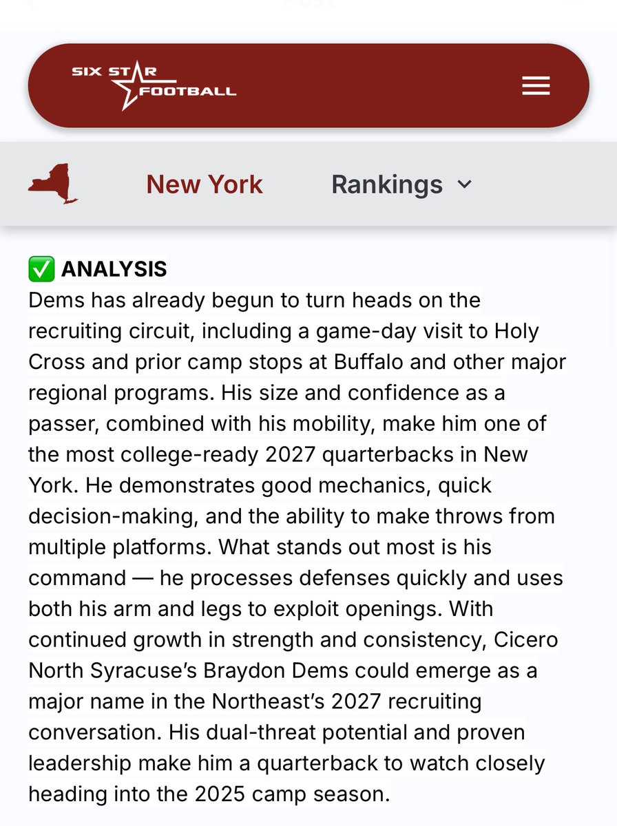 Thank you <a href="/sixstarfootball/">Six Star Football | PLUS+</a> for the write up I appreciate the love and recognition! <a href="/Northstarsfball/">CNS Football</a> <a href="/JJ_Razmovski/">JJ Razmovski</a> <a href="/CossCoach/">Coach Coss</a>