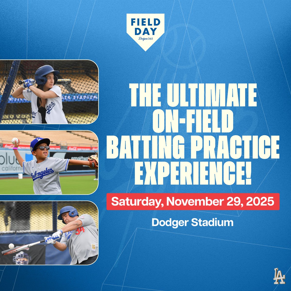 Dodgers's tweet image. Join us for Field Day on 11/29 and experience Dodger Stadium like a back-to-back World Series Champion! Work on your swing at home plate and in the cage, flash your glove on the field, tour the clubhouse and more. For tickets, visit Dodgers.com/fieldday.