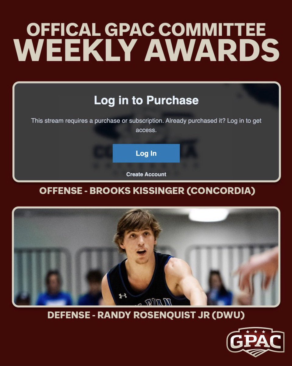<a href="/GPACSports/">Great Plains Athletic Conference</a> Weekly Awards from the Official GPAC Committee:

Offense: <a href="/BrooksKissinger/">Brooks Kissinger</a> of <a href="/CUNEmbb/">Concordia-NE Men’s Basketball</a> 

Defense: <a href="/RosenquistRanJr/">RandyRosenquistJR</a>  of <a href="/DWUMBB/">DWU Mens Basketball</a> 

We have noticed the presence you guys have made the other team feel on the floor all week! Congrats!