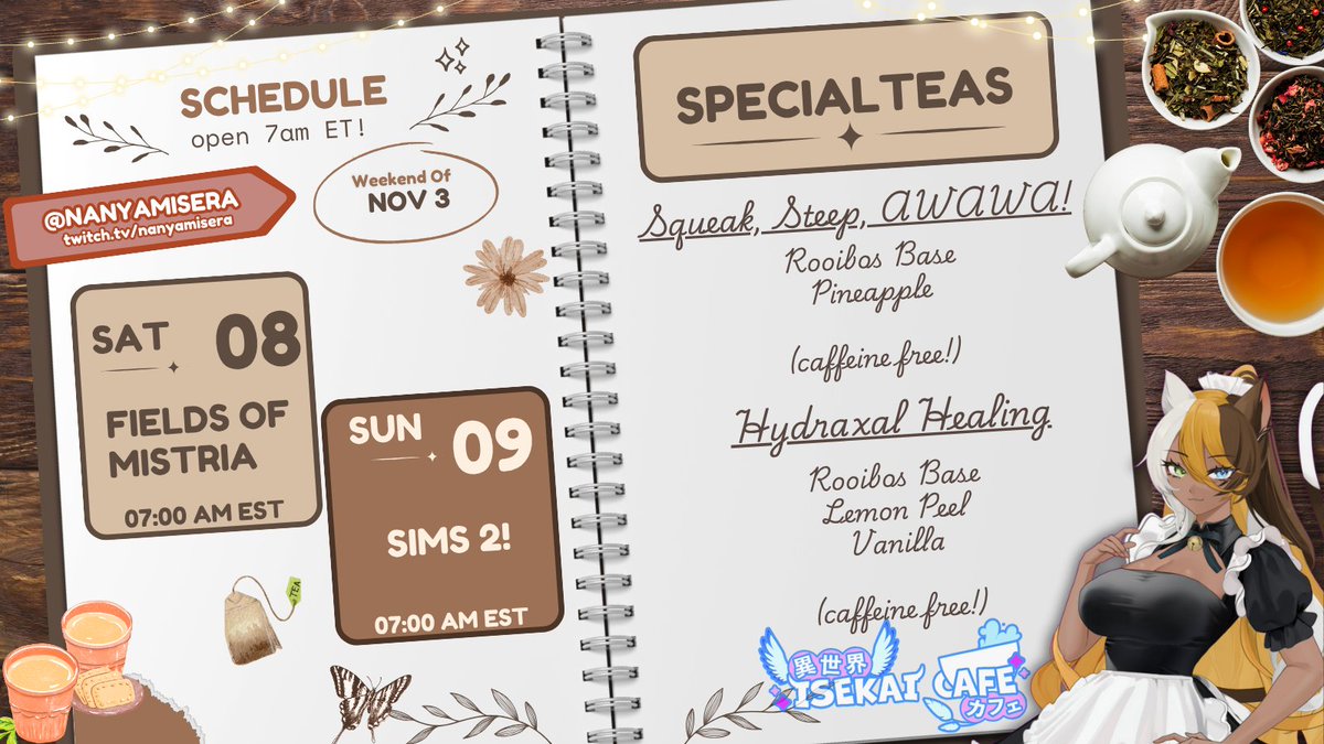 nanyamisera's tweet photo. 🐈Here's the schedule, Little Masters! 
✦•┈๑⋅⋯ ⋯⋅๑┈•✦

Fields of Mistria and I'm going to try the Sims 2 for the first time!  

✦•┈๑⋅⋯ ⋯⋅๑┈•✦
@isekai_vcafe ➡️ https://t.co/QrQdBpBxFY
My Twitch➡️ https://t.co/8alB97qc4q

 #vtuber #vtuberen https://t.co/A9H6S7hiwC