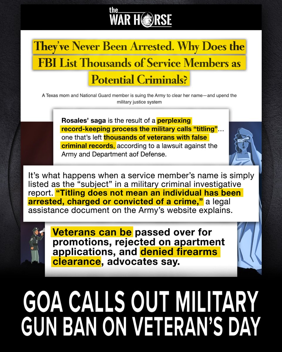 Did you know that 1000s of veterans &amp; service members have been "titled" (in the Defense Central Index of Investigations or DCII) &amp; DISARMED by <a href="/FBI/">FBI</a>  without a trial, charges, or a conviction?

GOA is calling on President Trump to end this unconstitutional &amp; unlawful gun ban!