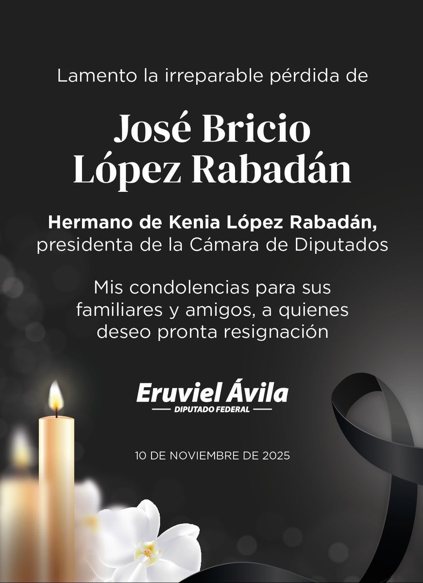 Estimada presidenta <a href="/kenialopezr/">Dra. Kenia López Rabadán</a>, lamento profundamente el sensible fallecimiento de su hermano.
A sus familiares y amigos, mis más sinceras condolencias y el deseo de una pronta resignación. 🙏